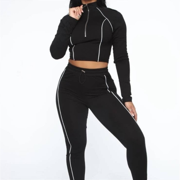 Fashion Nova Black Double White Striped Casual Active High Waisted Leggings - Picture 3 of 15